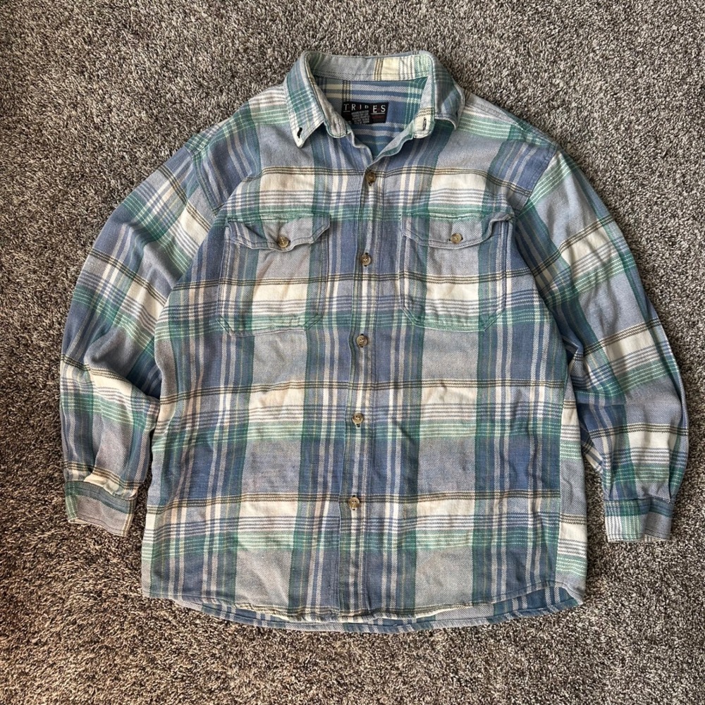 Tribes Flannel Button Down Large Blue Green Plaid Long Sleeve Heavy Cotton Shirt